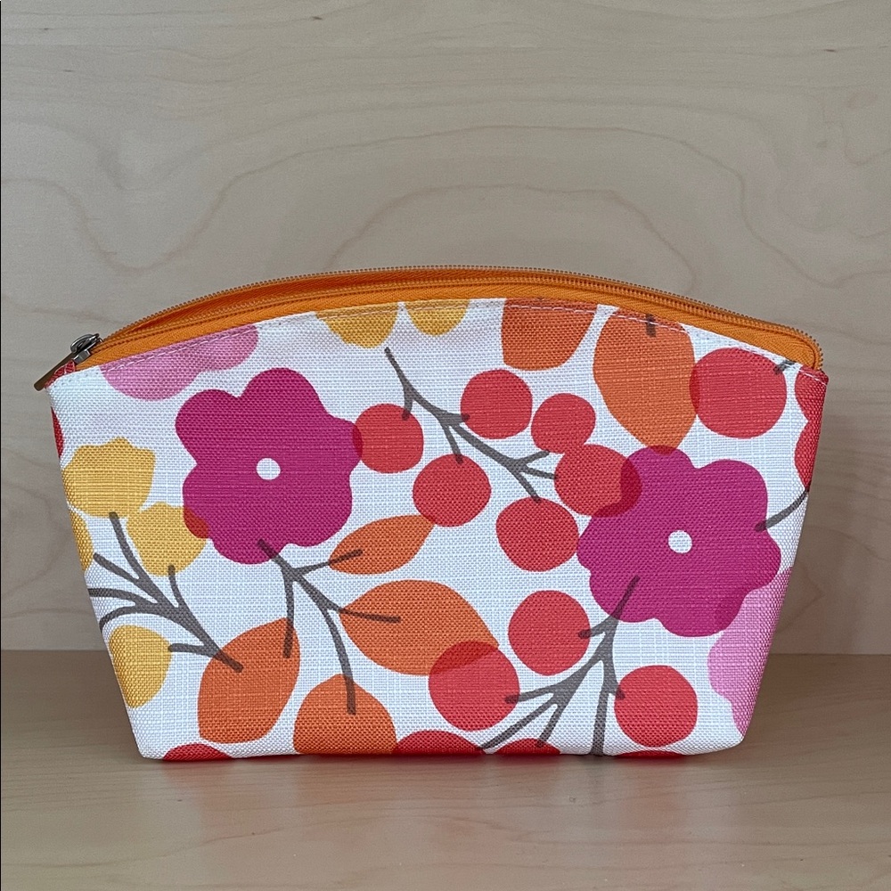 CLINIQUE Floral Print Cosmetic Bag  makeup or craft bag with Orange Zipper